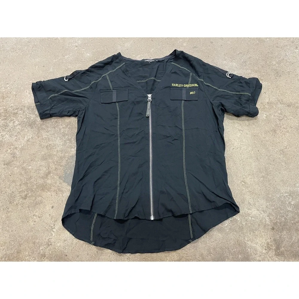 Harley-Davidson Shirt Mens Medium Black Twill Full Zip V-Neck Workwear Biker MC